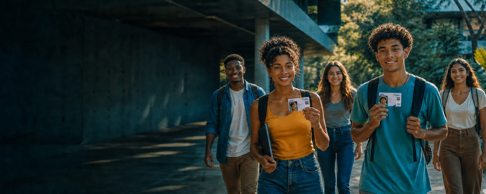 Estudantes sorrindo e segurando o DNE da UGES com suas pr&oacute;prias fotos
